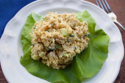 vegan chicken salad on lettuce
